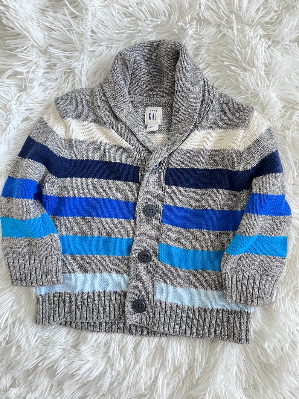 GAP Grey Shawl Collar Cardigan with Blue Stripes